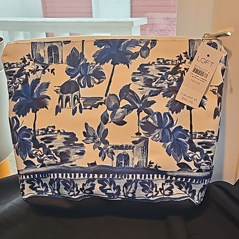 LOFT Blue and White Tropical Print Pouch